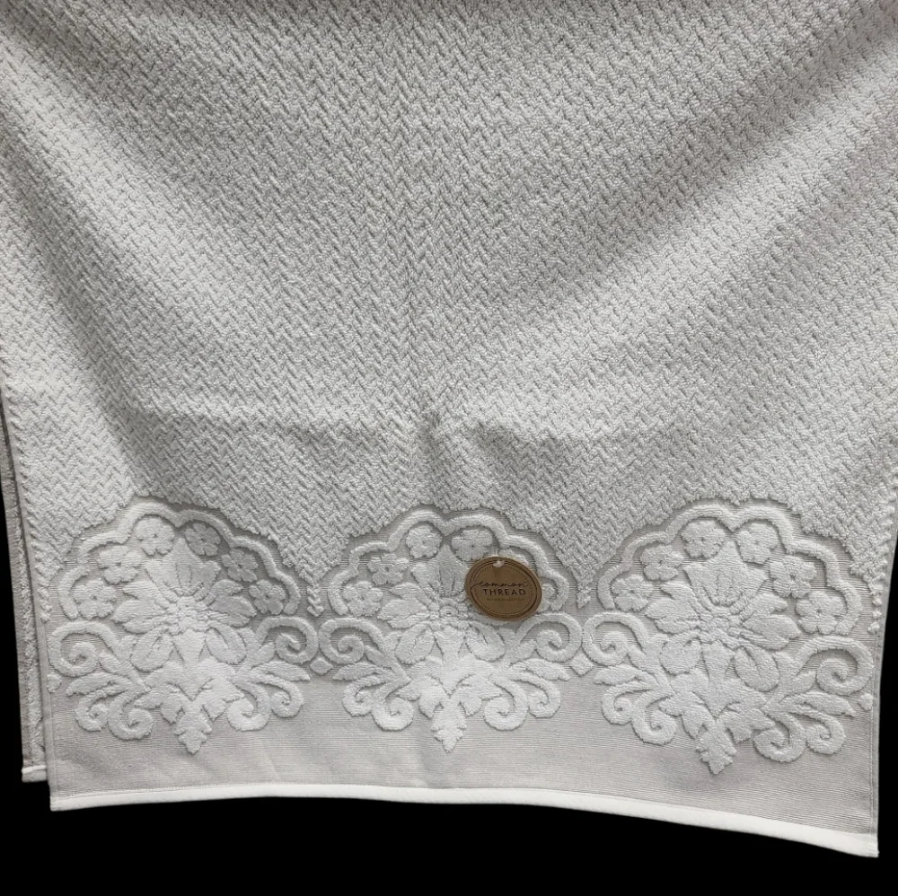 6 Piece COMMON THREAD Bath Hand Tip Towel Set Cream Scroll Jaquered Damask New